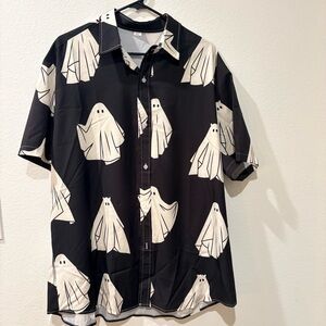 Ghost Print Button Down Short Sleeve Shirt Black & White Spooky XXL